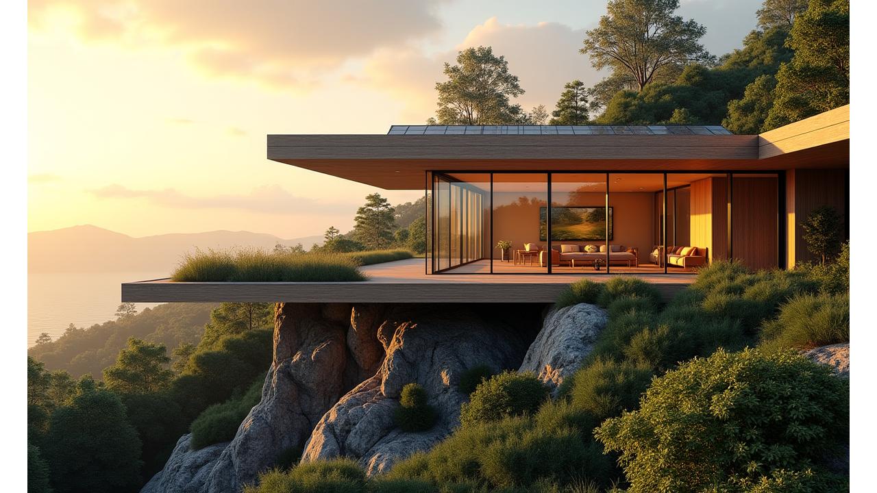 Stunning modern eco-luxury home integrated seamlessly with lush natural landscaping, showcasing solar panels and natural materials