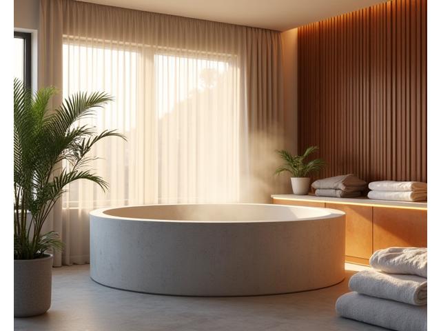 A serene and luxurious home spa area with a deep soaking tub, natural light, and elegant finishes, promoting relaxation.