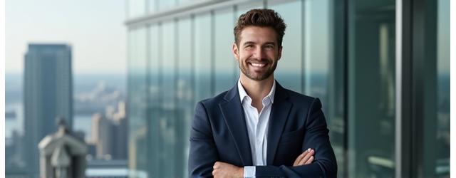 Sophisticated businessman smiling confidently in front of a modern high-rise building, representing successful property acquisition.