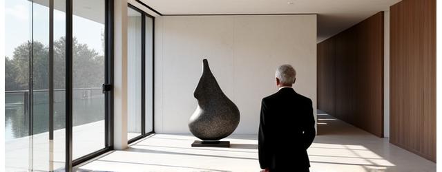 Esteemed art collector examining a sculpture in a minimalist, light-filled property, representing a bespoke acquisition.
