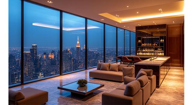 Expansive luxury penthouse living room with panoramic city skyline views at dusk, showcasing urban sophistication.