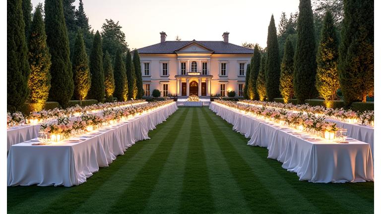 A grand outdoor event setup on a sprawling lawn, complete with elegant dining tables, ambient lighting, and floral arrangements, ready for a sophisticated soirée with a luxury villa in the background.