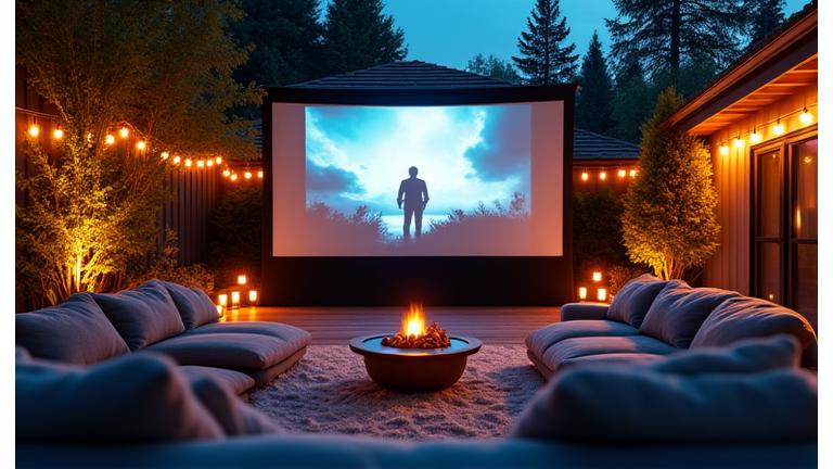 An inviting outdoor home theater setup at dusk, featuring a large projection screen displaying a movie, plush outdoor sofas, and subtle string lights, creating a cozy and cinematic atmosphere.