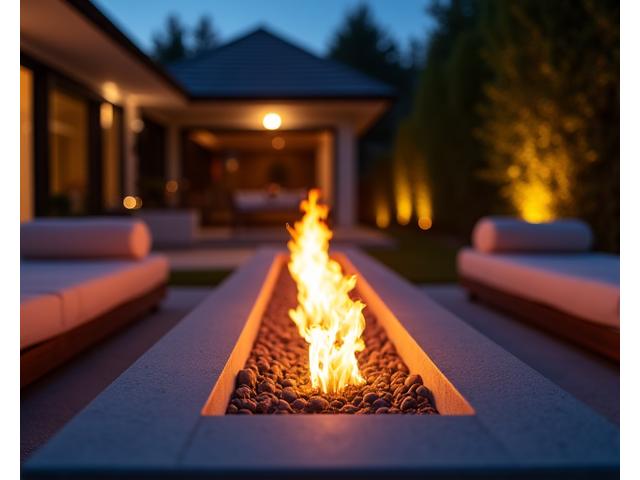 A modern outdoor living space anchored by a sleek linear fire pit, surrounded by contemporary seating. Elegant lighting illuminates the space, set against a backdrop of a luxury villa at dusk.