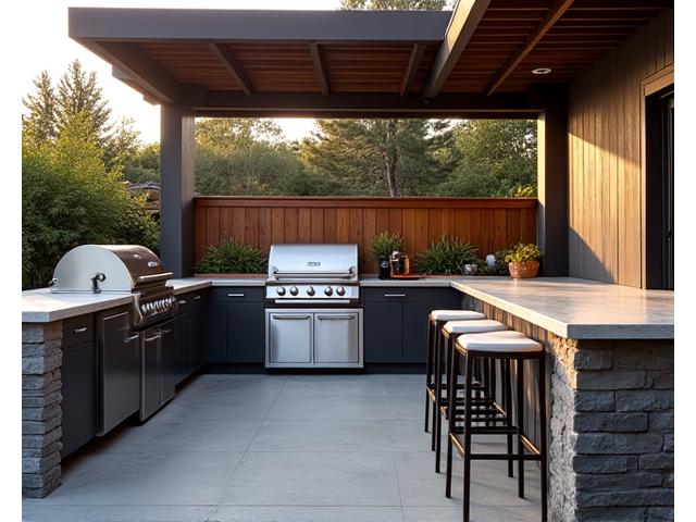 Modern outdoor kitchen with professional-grade stainless steel appliances, a built-in grill, stone countertops, and stylish bar seating under a pergol, illuminated by soft evening lights.