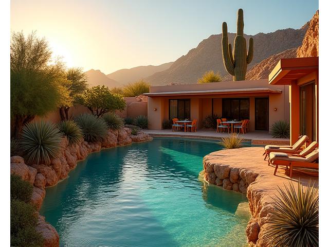 An opulent desert oasis home with a sprawling desert-adapted garden, a large lagoon-style pool with rock features, and shaded outdoor dining areas, offering a luxurious escape in a dramatic landscape.