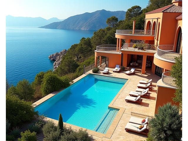 Panoramic view of a Mediterranean-style luxury villa's expansive outdoor area, featuring a large terraced infinity pool overlooking the sea, lush gardens, and extensive lounge spaces under pergolass.