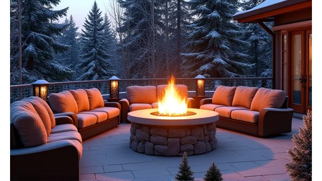 A cozy outdoor patio in winter, featuring a roaring fire pit, plush blankets on outdoor sofas, and heating lamps, with snow-dusted evergreens in the background, showing comfort in cold weather.