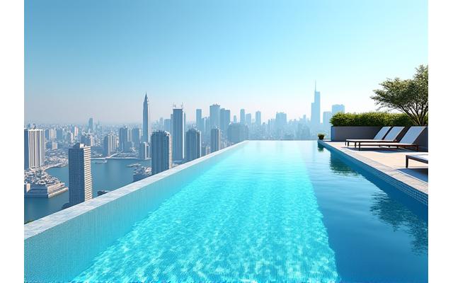 Luxurious rooftop infinity pool with city skyline views