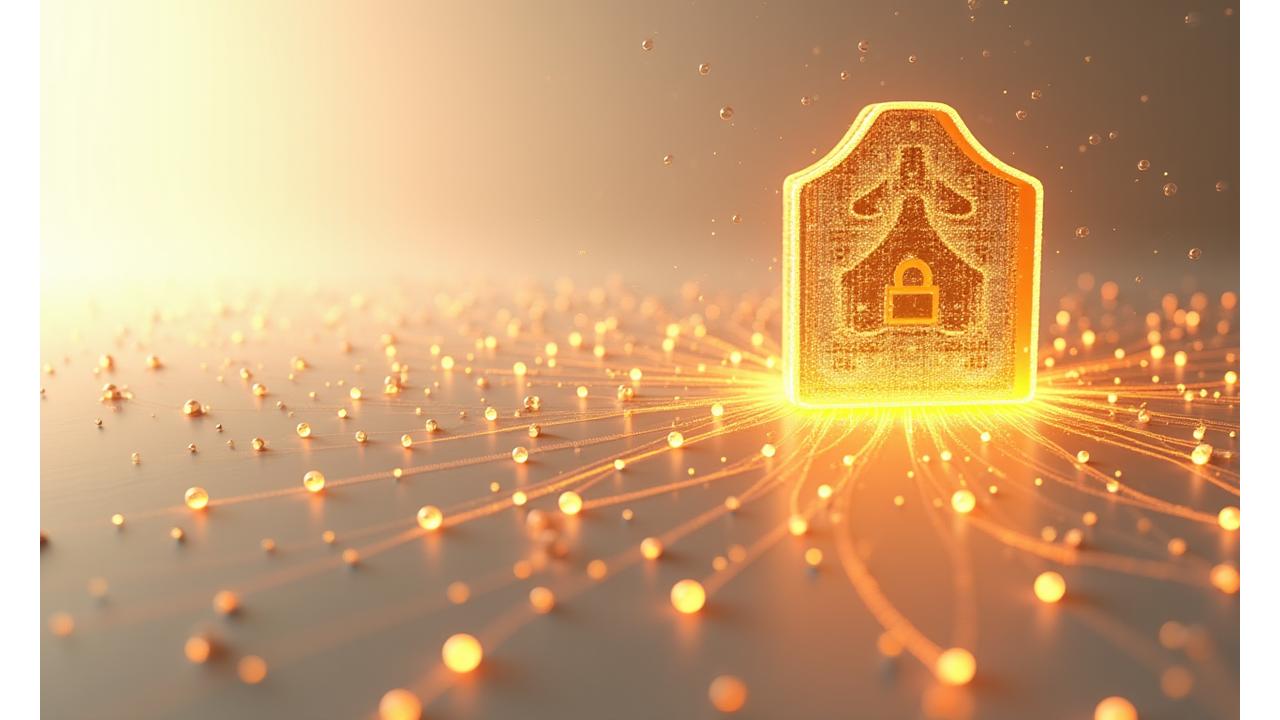 Abstract depiction of digital privacy and security, with glowing golden lines forming a protective shield around data spheres