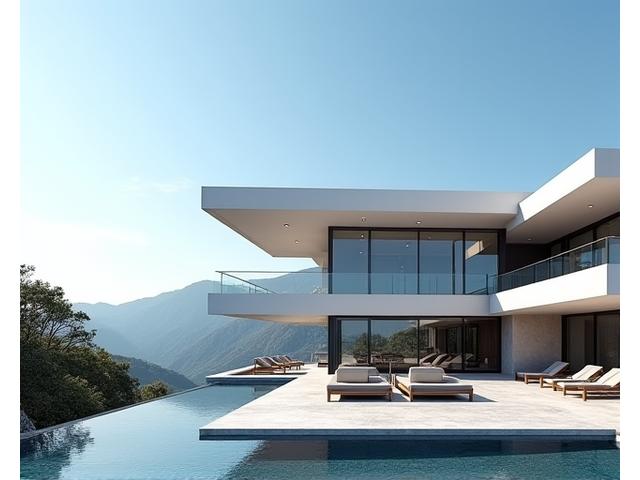 Contemporary villa with sleek lines and large windows set against a mountainous backdrop.