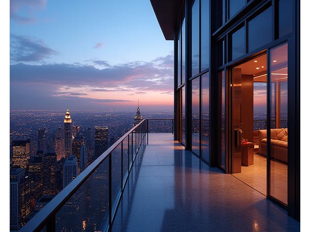 Top-floor penthouse with panoramic city views, reinforced windows, and a dedicated secure elevator entrance
