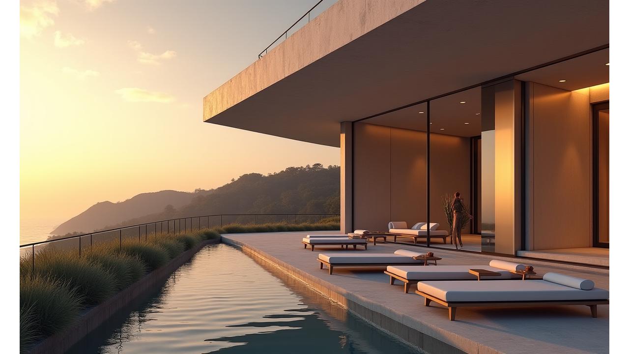 Sophisticated luxury home with integrated security features, sleek design, and discreet surveillance cameras barely visible