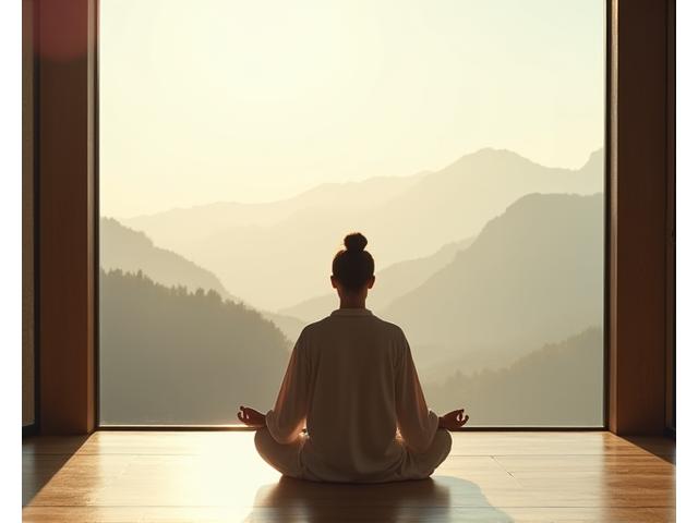 Person meditating in a quiet, sunlit room, embodying focus and calm