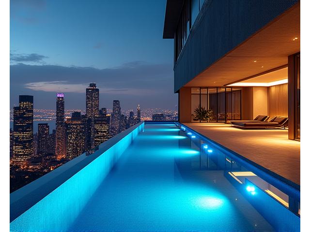 Contemporary penthouse with panoramic city views, an indoor infinity pool, and a virtual reality fitness room